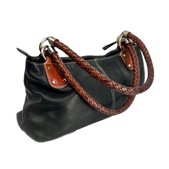 Fossil Handbags - Fossil Black Pebbled Leather Purse with Brown Braided  Handles